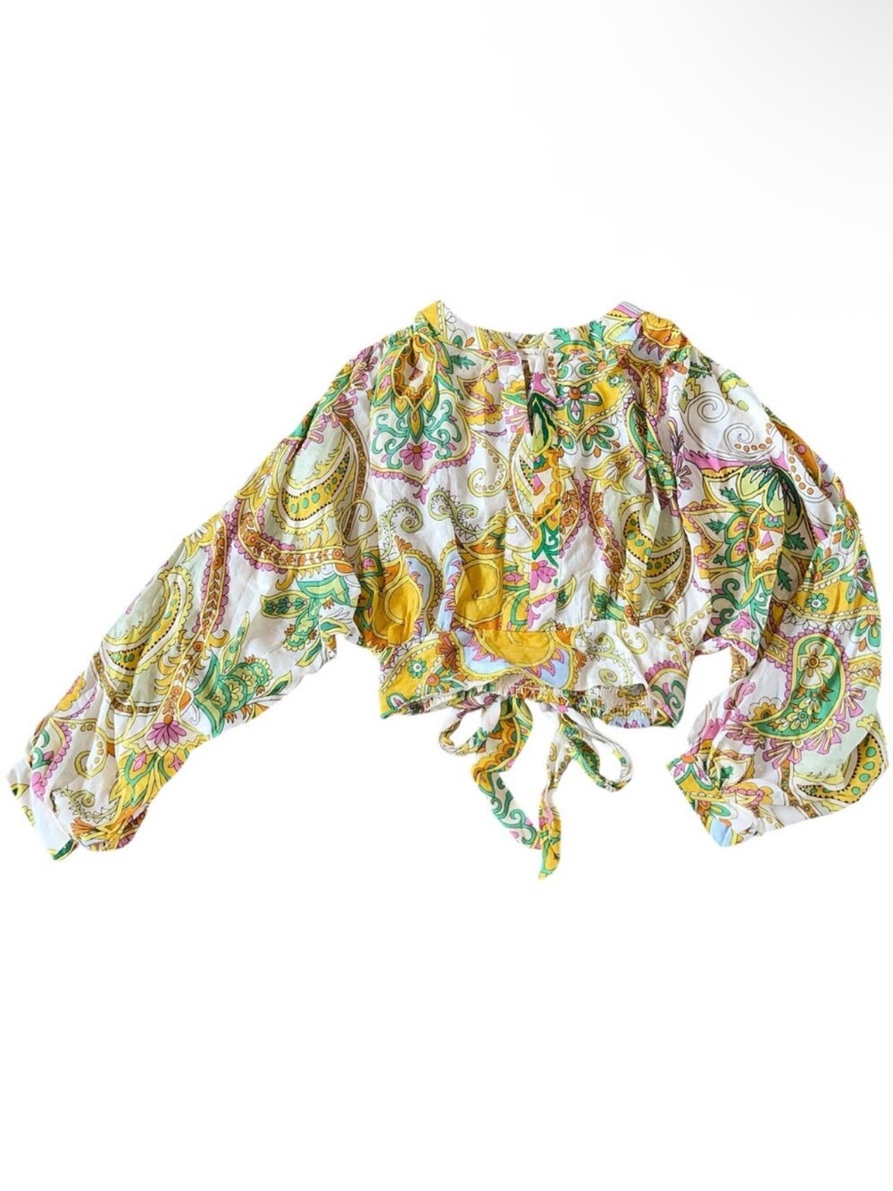 Haute Hippie Floral Tie Back Cropped Blouse Top Flowy Bishop Sleeves Medium